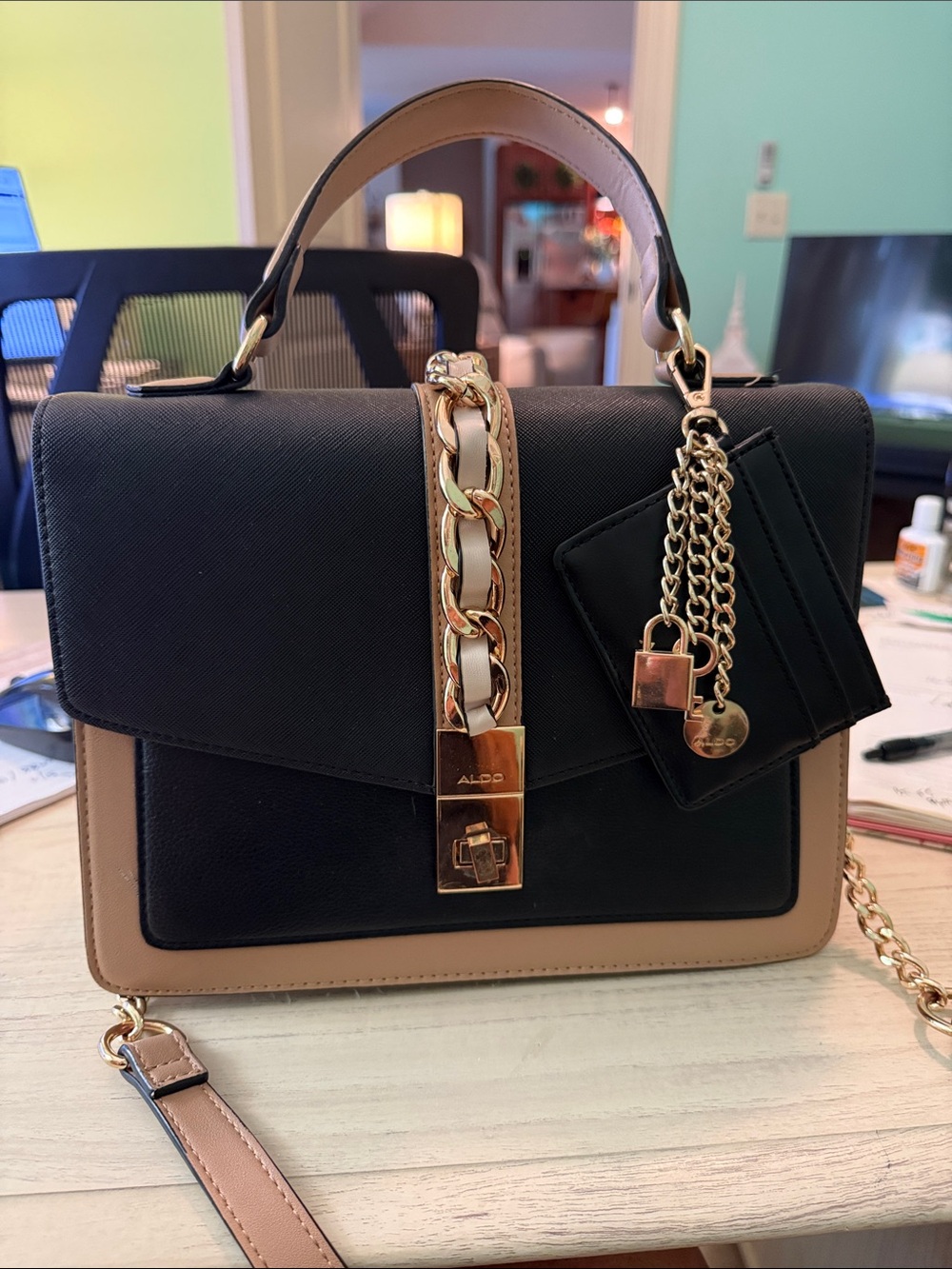 ALDO Black and Tan Chain-Accent Top-Handle Satchel